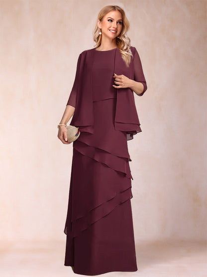 Robe de Mère de la Mariée 2 Pièces, Fourreau/Colonne, Manches 3/4 avec Volants et Veste