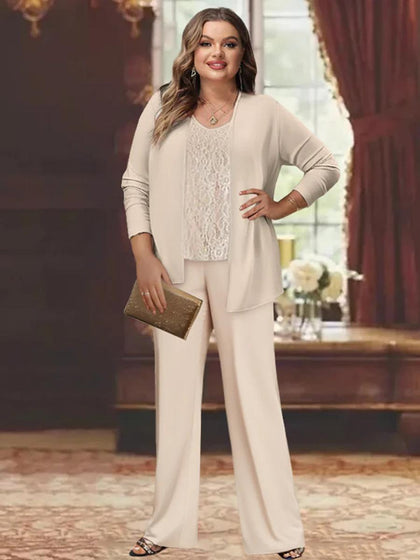 Tailleur-Pantalon en Mousseline de Soie, Col Rond, Longueur au Sol, Grande Taille, Pour Mère de la Mariée avec Veste