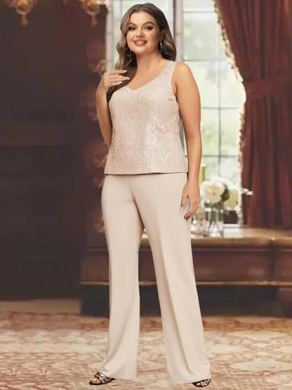 Tailleur-Pantalon en Mousseline de Soie, Col Rond, Longueur au Sol, Grande Taille, Pour Mère de la Mariée avec Veste