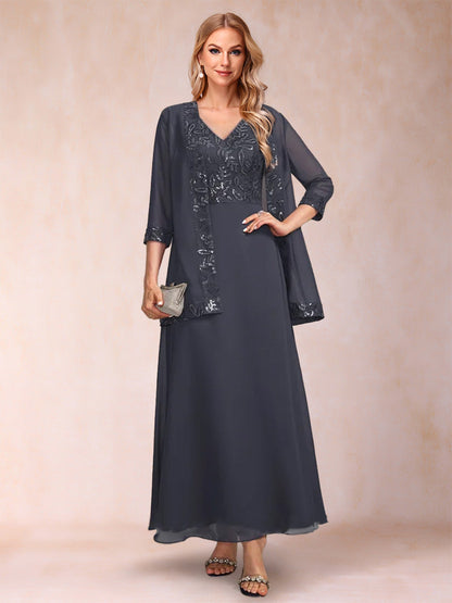 Robe Mère de la Mariée 2 Pièces, Coupe A-Line/Princesse, Col en V, Manches 3/4 avec Paillettes et Veste