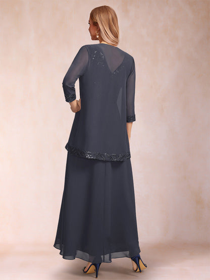 Robe Mère de la Mariée 2 Pièces, Coupe A-Line/Princesse, Col en V, Manches 3/4 avec Paillettes et Veste