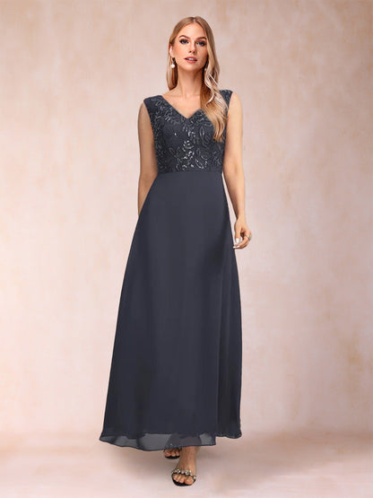 Robe Mère de la Mariée 2 Pièces, Coupe A-Line/Princesse, Col en V, Manches 3/4 avec Paillettes et Veste