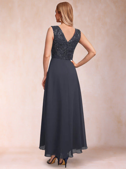 Robe Mère de la Mariée 2 Pièces, Coupe A-Line/Princesse, Col en V, Manches 3/4 avec Paillettes et Veste