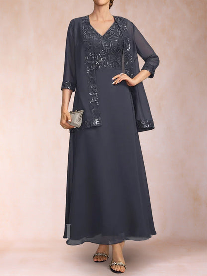 Robe Mère de la Mariée 2 Pièces, Coupe A-Line/Princesse, Col en V, Manches 3/4 avec Paillettes et Veste
