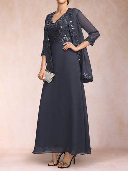 Robe Mère de la Mariée 2 Pièces, Coupe A-Line/Princesse, Col en V, Manches 3/4 avec Paillettes et Veste