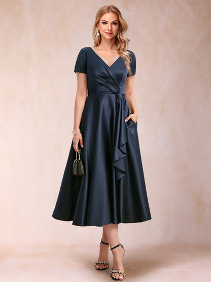Robes de Mère de la Mariée Coupe A-Line/Princesse, Col en V, Manches Courtes avec Fronces
