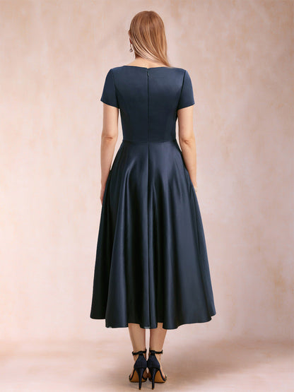 Robes de Mère de la Mariée Coupe A-Line/Princesse, Col en V, Manches Courtes avec Fronces