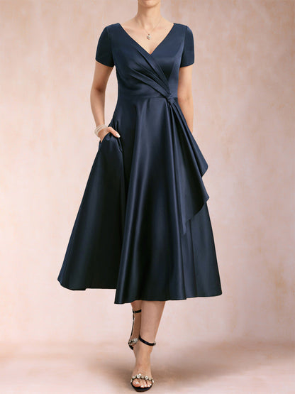 Robes de Mère de la Mariée Coupe A-Line/Princesse, Col en V, Manches Courtes avec Fronces