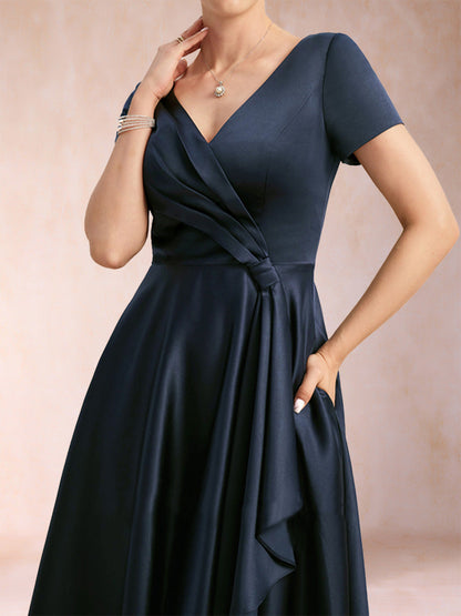 Robes de Mère de la Mariée Coupe A-Line/Princesse, Col en V, Manches Courtes avec Fronces