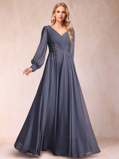 Robe de Mère de la Mariée Coupe A-Line/Princesse, Col en V, Manches Longues avec Appliques