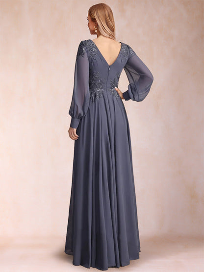Robe de Mère de la Mariée Coupe A-Line/Princesse, Col en V, Manches Longues avec Appliques