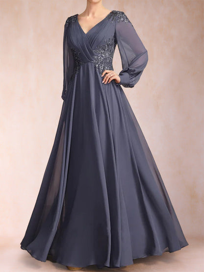 Robe de Mère de la Mariée Coupe A-Line/Princesse, Col en V, Manches Longues avec Appliques