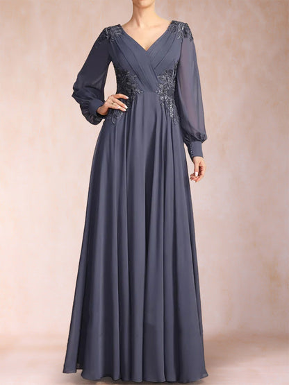 Robe de Mère de la Mariée Coupe A-Line/Princesse, Col en V, Manches Longues avec Appliques