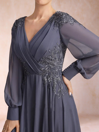 Robe de Mère de la Mariée Coupe A-Line/Princesse, Col en V, Manches Longues avec Appliques