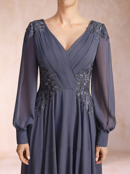 Robe de Mère de la Mariée Coupe A-Line/Princesse, Col en V, Manches Longues avec Appliques