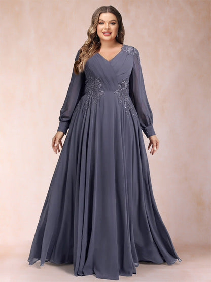 Robe de Mère de la Mariée Grande Taille, Coupe Trapèze/Princesse, Col en V, Manches Longues avec Appliques