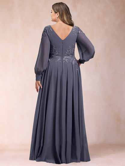 Robe de Mère de la Mariée Grande Taille, Coupe Trapèze/Princesse, Col en V, Manches Longues avec Appliques