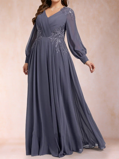Robe de Mère de la Mariée Grande Taille, Coupe Trapèze/Princesse, Col en V, Manches Longues avec Appliques