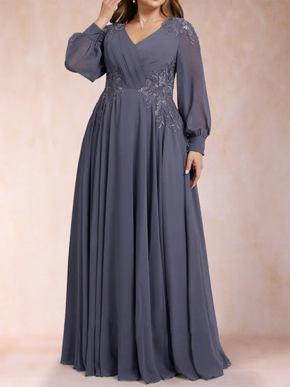 Robe de Mère de la Mariée Grande Taille, Coupe Trapèze/Princesse, Col en V, Manches Longues avec Appliques