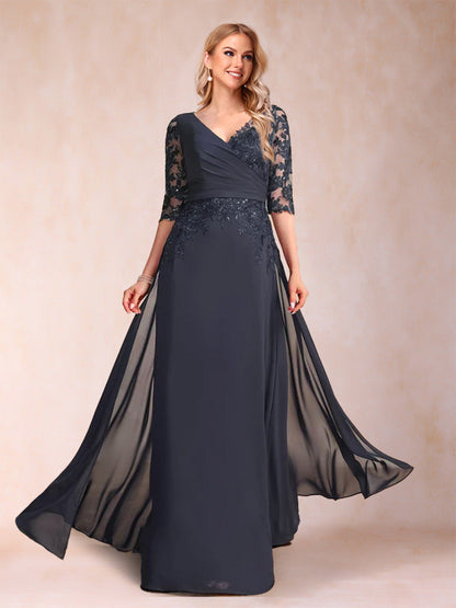 Robe de Mère de la Mariée Fourreau/Colonne à Col en V et Manches Mi-Longues avec Appliques