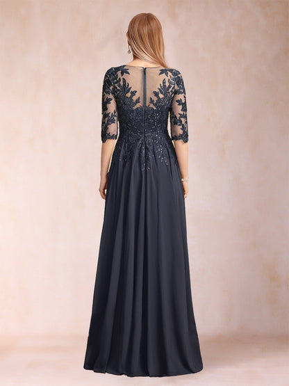 Robe de Mère de la Mariée Fourreau/Colonne à Col en V et Manches Mi-Longues avec Appliques