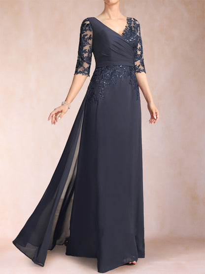 Robe de Mère de la Mariée Fourreau/Colonne à Col en V et Manches Mi-Longues avec Appliques