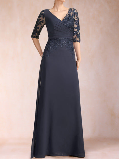 Robe de Mère de la Mariée Fourreau/Colonne à Col en V et Manches Mi-Longues avec Appliques