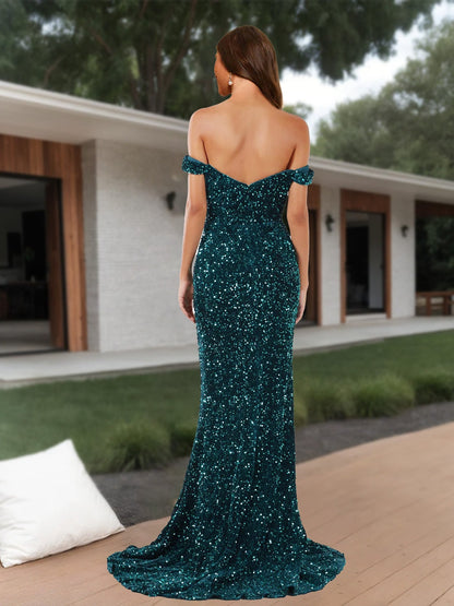 Robe de Bal Fourreau/Colonne à Épaules Dénudées et Manches Courtes avec Fente Latérale