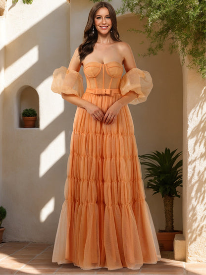 Robe de Bal Trapèze/Princesse Sans Bretelles, Manches Courtes et Ceinture
