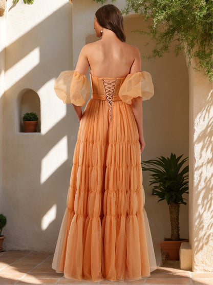Robe de Bal Trapèze/Princesse Sans Bretelles, Manches Courtes et Ceinture
