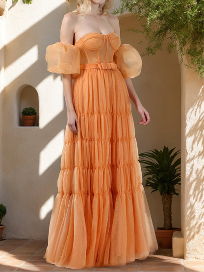 Robe de Bal Trapèze/Princesse Sans Bretelles, Manches Courtes et Ceinture