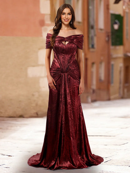 Robe de Bal Fourreau/Colonne à Épaules Dénudées et Manches Courtes avec Fronces