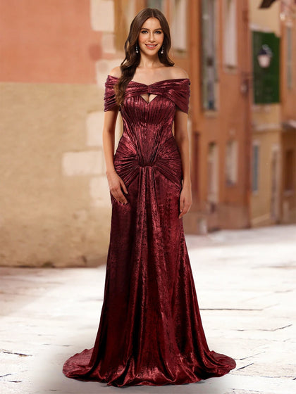 Robe de Bal Fourreau/Colonne à Épaules Dénudées et Manches Courtes avec Fronces