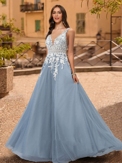Robe de Bal Trapèze/Princesse Sans Manches à Col en V et Appliqués