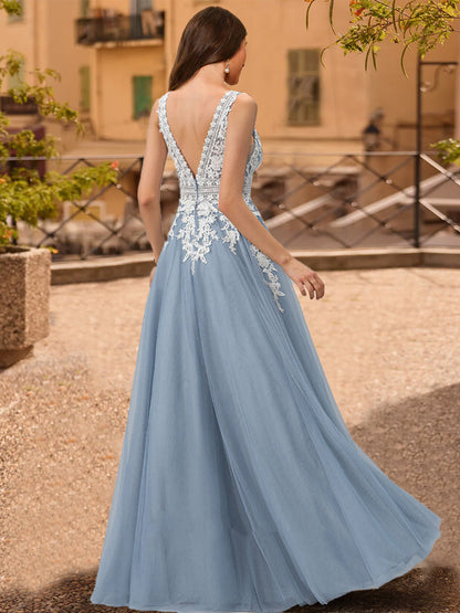 Robe de Bal Trapèze/Princesse Sans Manches à Col en V et Appliqués