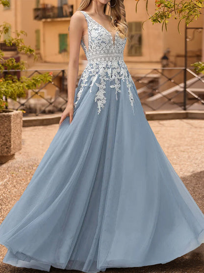 Robe de Bal Trapèze/Princesse Sans Manches à Col en V et Appliqués