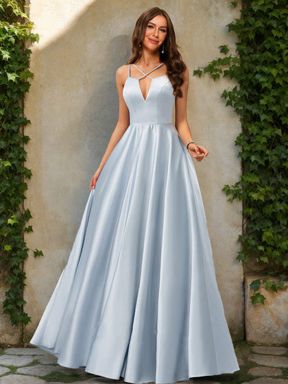 Robe de Bal Trapèze/Princesse Sans Manches à Col en V et Froncée