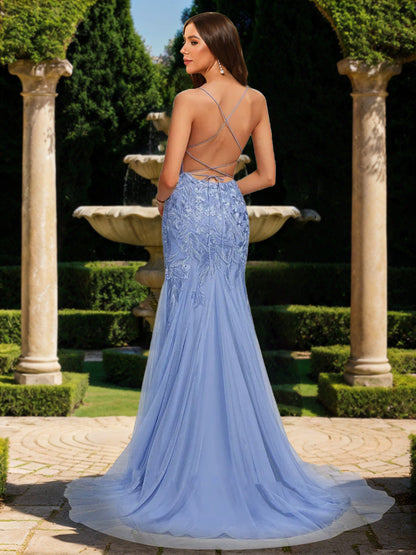 Robe de Bal Sirène/Trompette Sans Manches à Bretelles Spaghetti et Dentelle