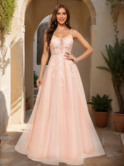 Robe de Bal Trapèze/Princesse à Bretelles Spaghetti Sans Manches avec Appliques