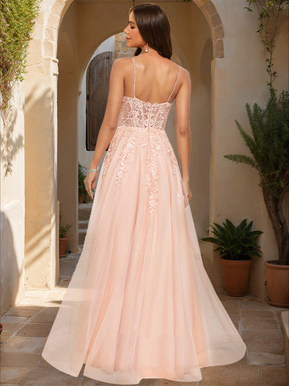 Robe de Bal Trapèze/Princesse à Bretelles Spaghetti Sans Manches avec Appliques