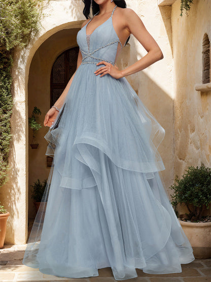 Robe de Bal Sans Manches à Col Licou et à Volants