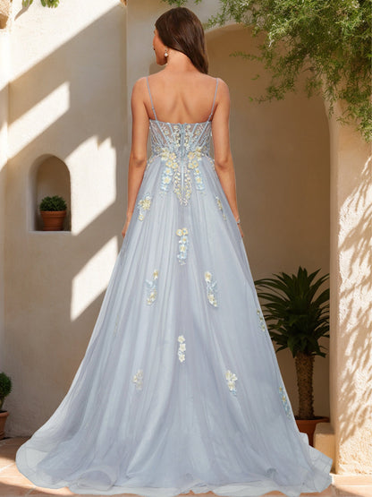 Robe de Bal à Bretelles Spaghetti Sans Manches avec Appliques