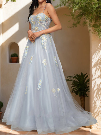 Robe de Bal à Bretelles Spaghetti Sans Manches avec Appliques
