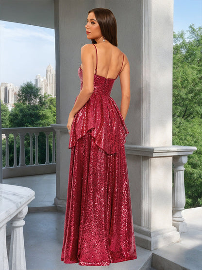 Robe de Bal Trapèze/Princesse à Bretelles Spaghetti Sans Manches avec Fente Latérale