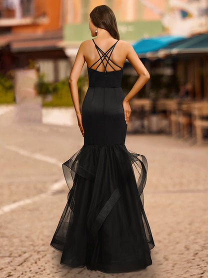 Robe de Bal Sirène/Trompette Sans Manches à Col en V et à Volants