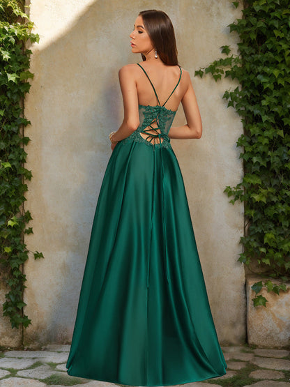 Robe de Bal Trapèze/Princesse Sans Manches, Col en V et Fente Latérale