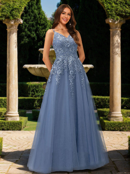 Robe de Bal Trapèze/Princesse Sans Manches à Col en V et Appliqués