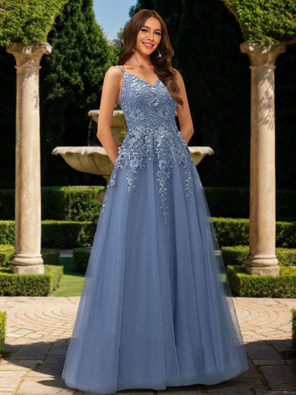 Robe de Bal Trapèze/Princesse Sans Manches à Col en V et Appliqués