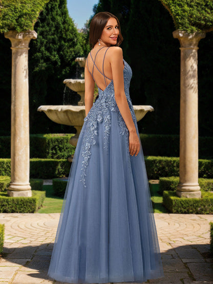 Robe de Bal Trapèze/Princesse Sans Manches à Col en V et Appliqués