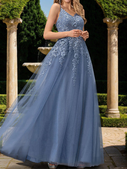 Robe de Bal Trapèze/Princesse Sans Manches à Col en V et Appliqués
